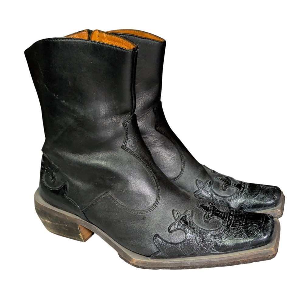 Western Cowboy Boots Mens Size 10.5 Black Leather Square Toe Made In Italy
